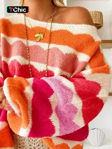 Women's Colorblock Drop Shoulder Sweater, Casual Long Sleeve Boat Neck Jumper for Fall & Winter, Fashion Ladies' Lightweight Knitwear for Daily Wear