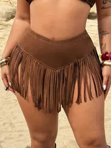 VYNCE Plus Size Fringed Boho Suede Shorts for Summer Festivals