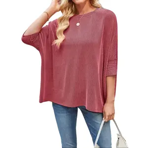 EncoLax Womens Oversized T Shirts Summer Casual Ribbed Batwing Short Sleeve Tunic Tops Loose Fit Dolman Sleeve Tees