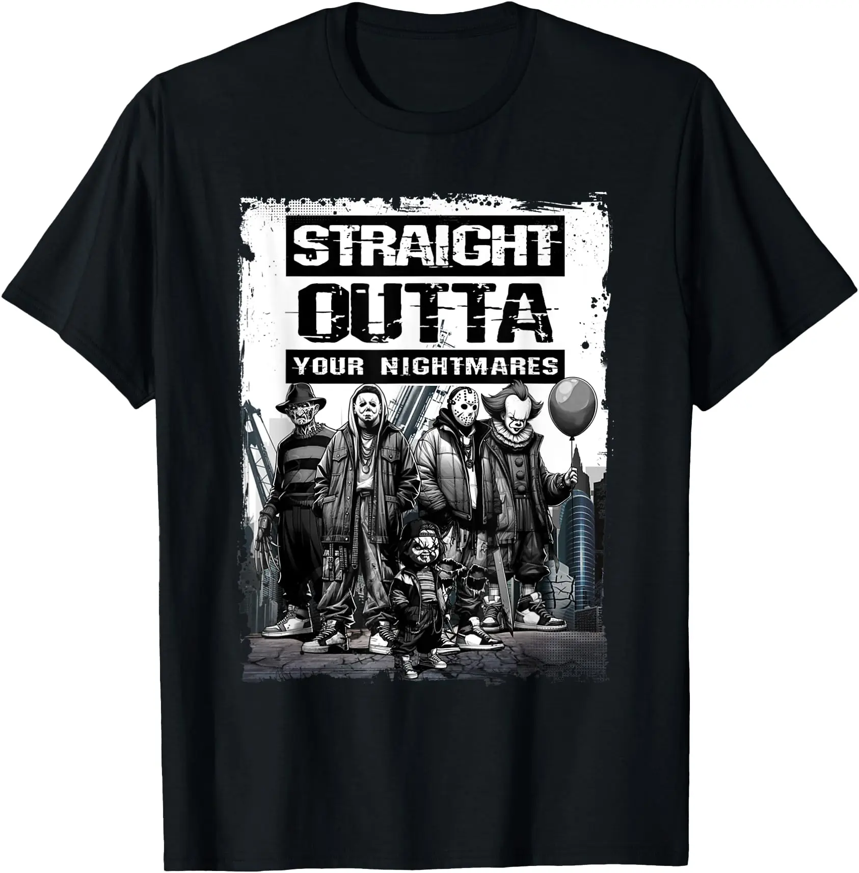 Unisex 100% Cotton Straight Outta Your Nightmares Crew Neck Short-Sleeve Fitted Graphic T-Shirt - Casual Streetwear Sports Top, Soft Clothes Garment, Fade-Resistant Digital Print, Classic Fit