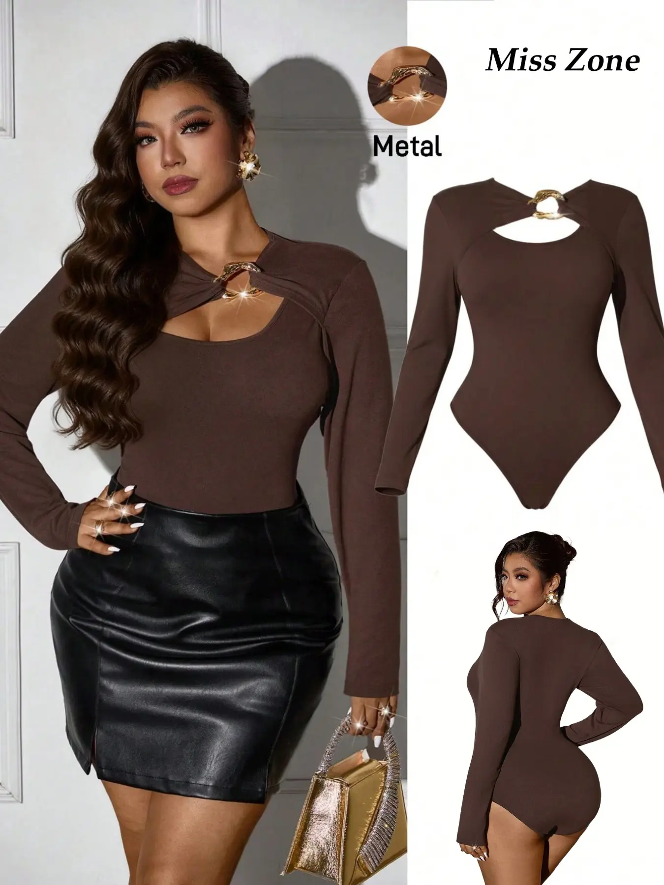 Women's Plus Size Basic Bodysuit Long Sleeve Cutout Front Metal Ring Detail Slim Fit Seamless Sexy Clubwear Evening Party Date Night Trendy