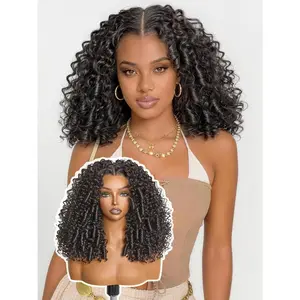 Kinky Curly Half Wig 14 Inches Veralux(TM) Fiber Blend Human Hair 200% Density 13X6  Lace Frontal Glueless Wig with  Bouncy Curl, Black Ready to Go Headband Wig for Women