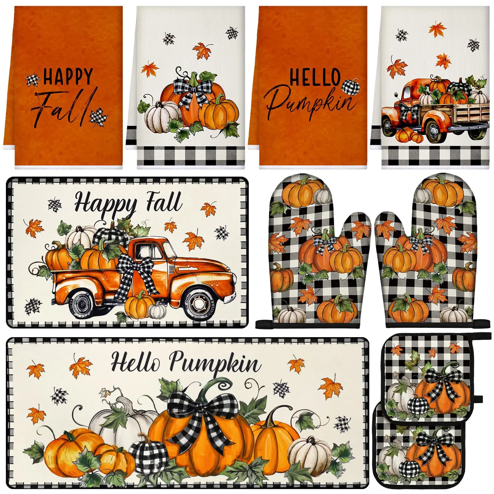 10 Pcs Fall Kitchen Decor Set Autumn Kitchen Towels Pumpkin Pot Holders Heat Resistant Oven Mitts and Rugs Set Thanksgiving Decor for Baking Cooking Gift Bakeware