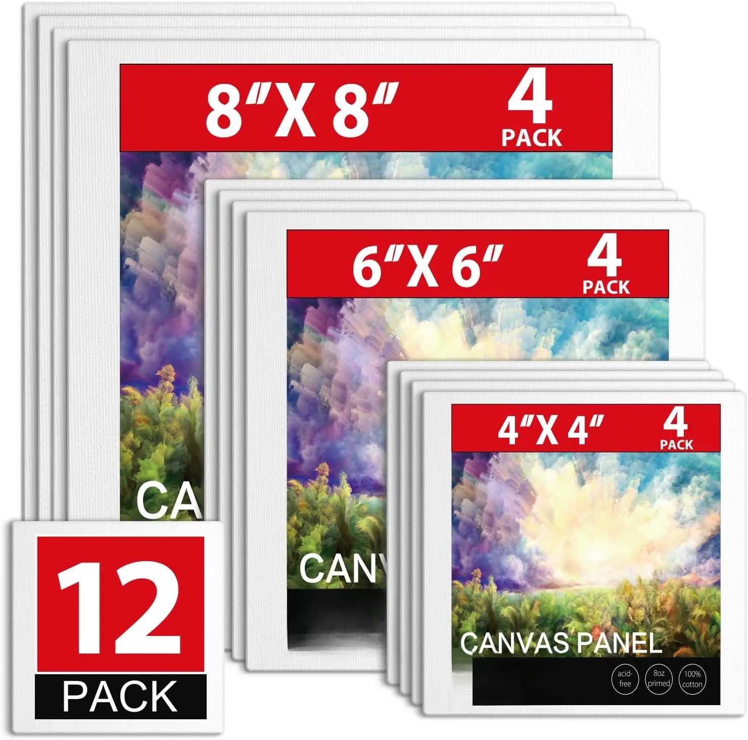 Canvas Boards for Painting 12 Pack Canvas for Painting 4x4, 6x6, 8x8 Blank Canvases for Painting-Cotton Primed Painting Canvas Panels for , Oil, Gouache & Tempera.