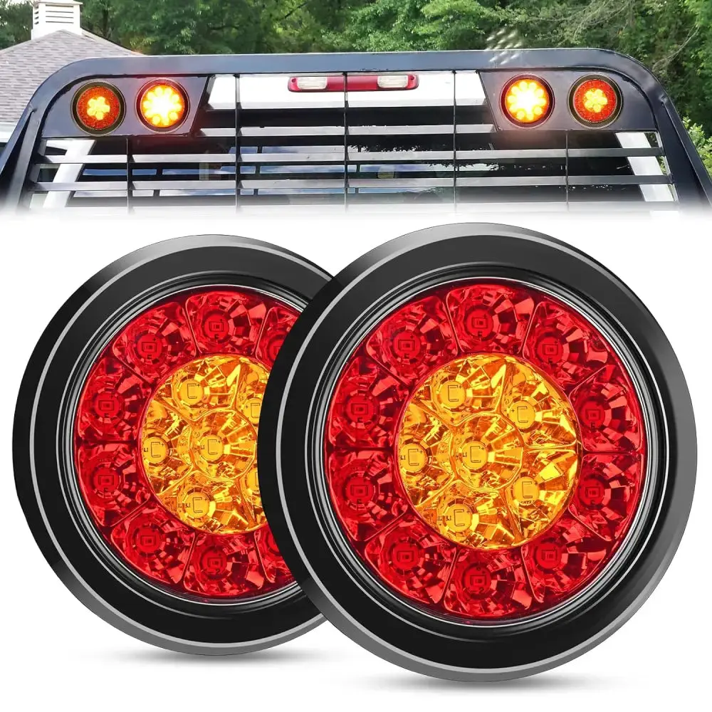 Nilight 4 Inch Red Amber Round 16Leds Tail Light Flush Mount Grommet (Pair), Led Lights For Truck, Led Tailgate Lights