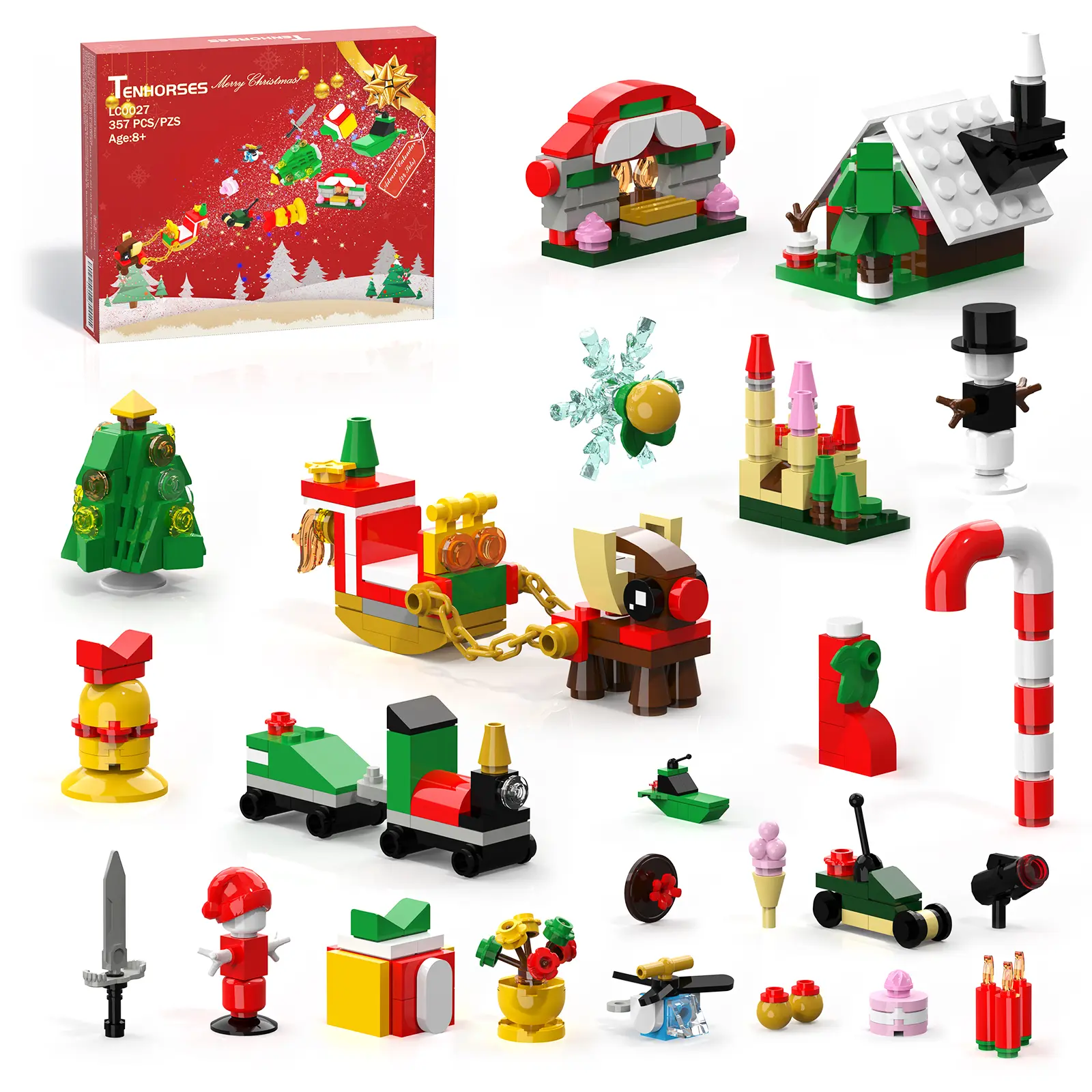 TENHORSES Christmas Ornaments Building Kit Set for Kids Includes Tree Wreath Santa Snowman Gingerbread Reindeer Nutcracker Snowflake Easy to Build Fun for All Stocking Stuffers Decor Toys Gifts Decoration Red