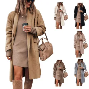 Naeduo Women's Long Cardigan Wool Coat Open Front Pockets Warm Lapel Jacket Coat Fall Outerwear Chunky Fashionable Wool Blend Cozy Fabric Knee Length Essential for Daily Life Streetwear School Office Work Party Travel Festivals Christmas Holidays