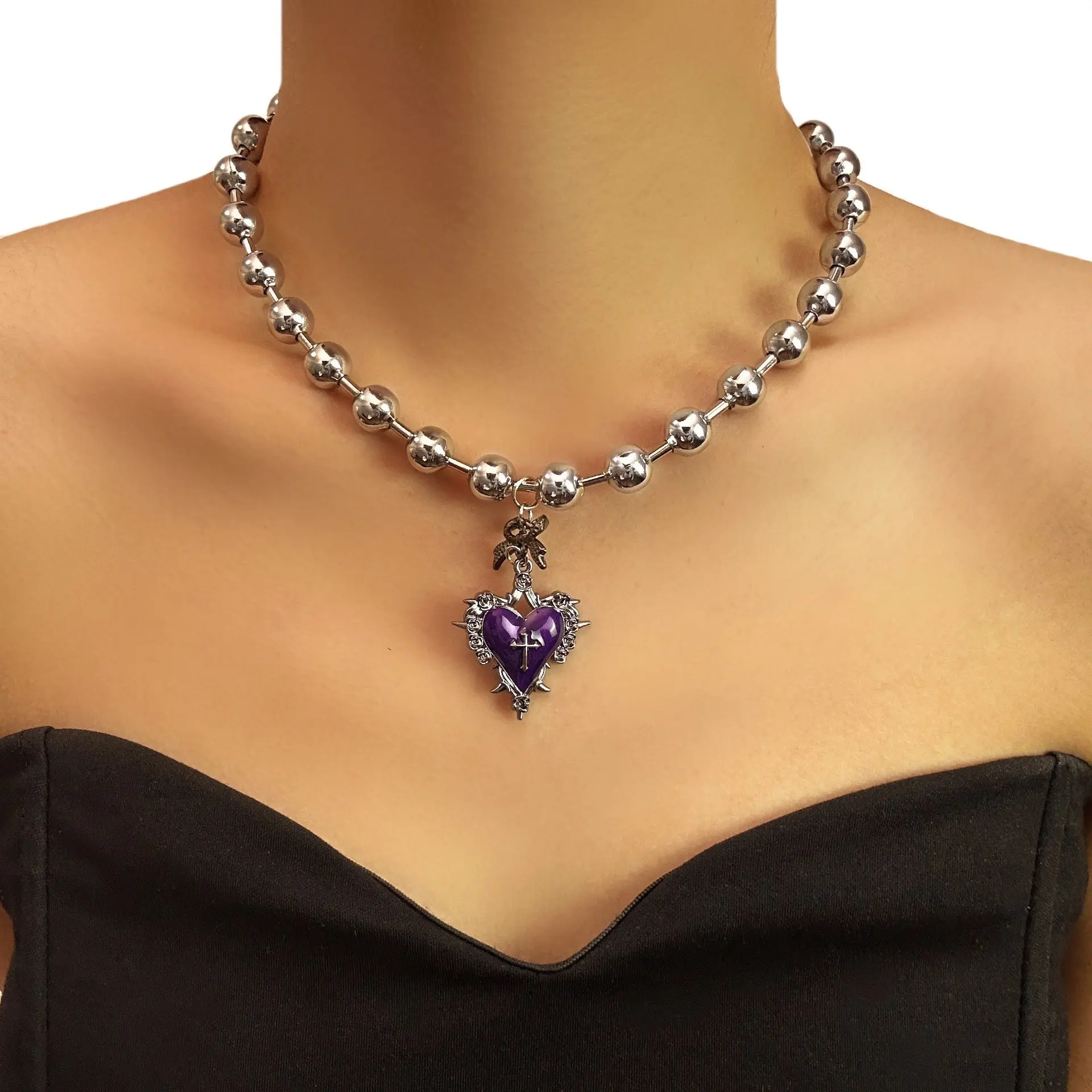 Gothic Heart Choker Necklace with Purple Bow Bead Heart & Broken Heart Pearl Leather Black Onyx Pearl Punk Grunge Y2K E-girl Gothic Jewelry Statement Gift for Women Girls Halloween Cosplay Party Accessory, Heart Design Necklace, Jewelry Accessories