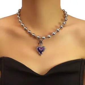Gothic Heart Choker Necklace with Purple Bow Bead Heart & Broken Heart Pearl Leather Black Onyx Pearl Punk Grunge Y2K E-girl Gothic Jewelry Statement Gift for Women Girls Halloween Cosplay Party Accessory