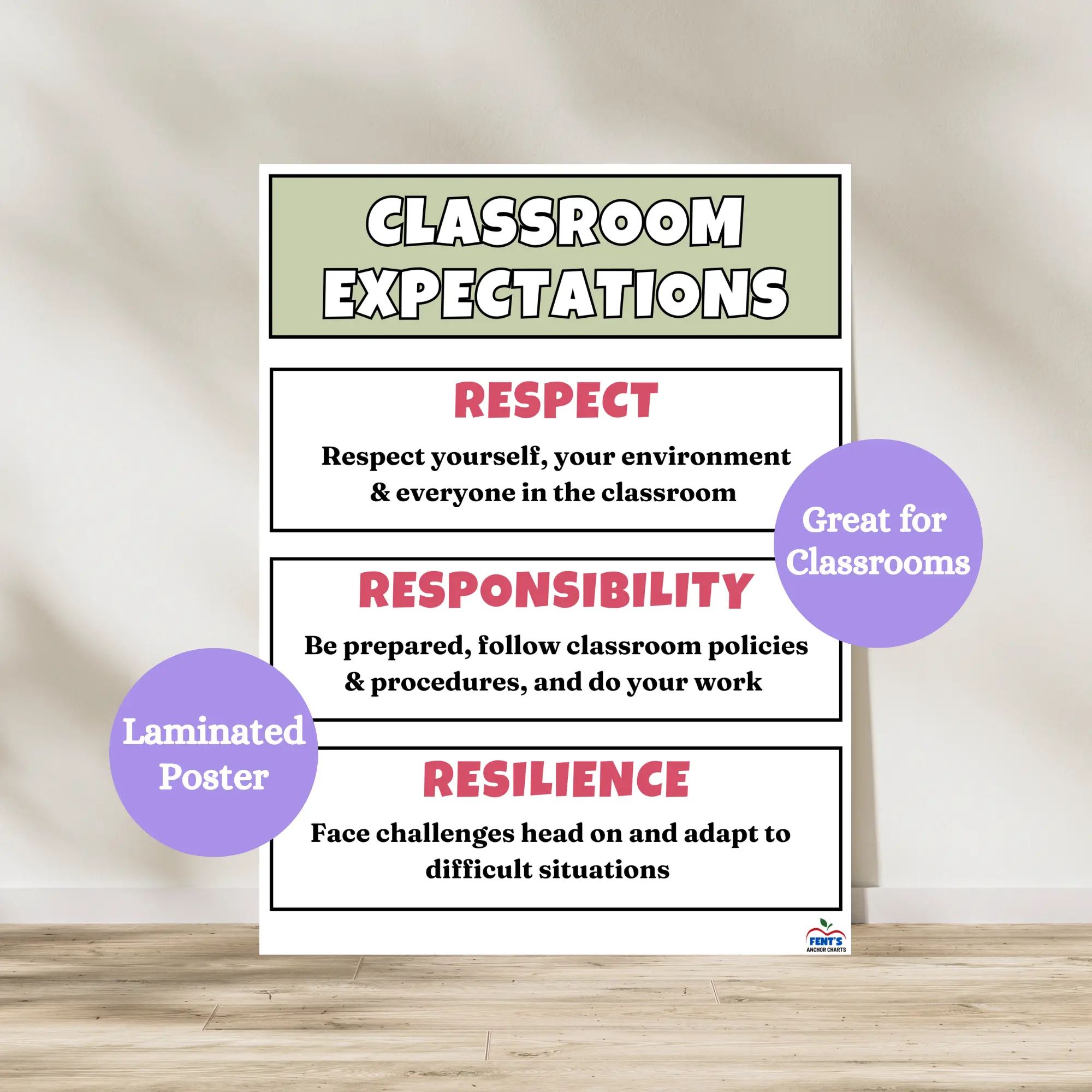 Classroom Expectations Anchor Chart | Laminated Classroom Rules Poster | Respect Responsibility Resilience  | Mindset Posters