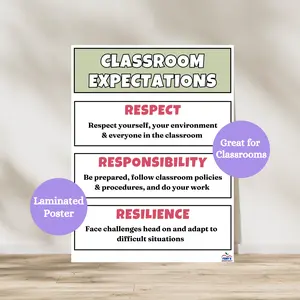 Classroom Expectations Anchor Chart | Laminated Classroom Rules Poster | Respect Responsibility Resilience  | Mindset Posters