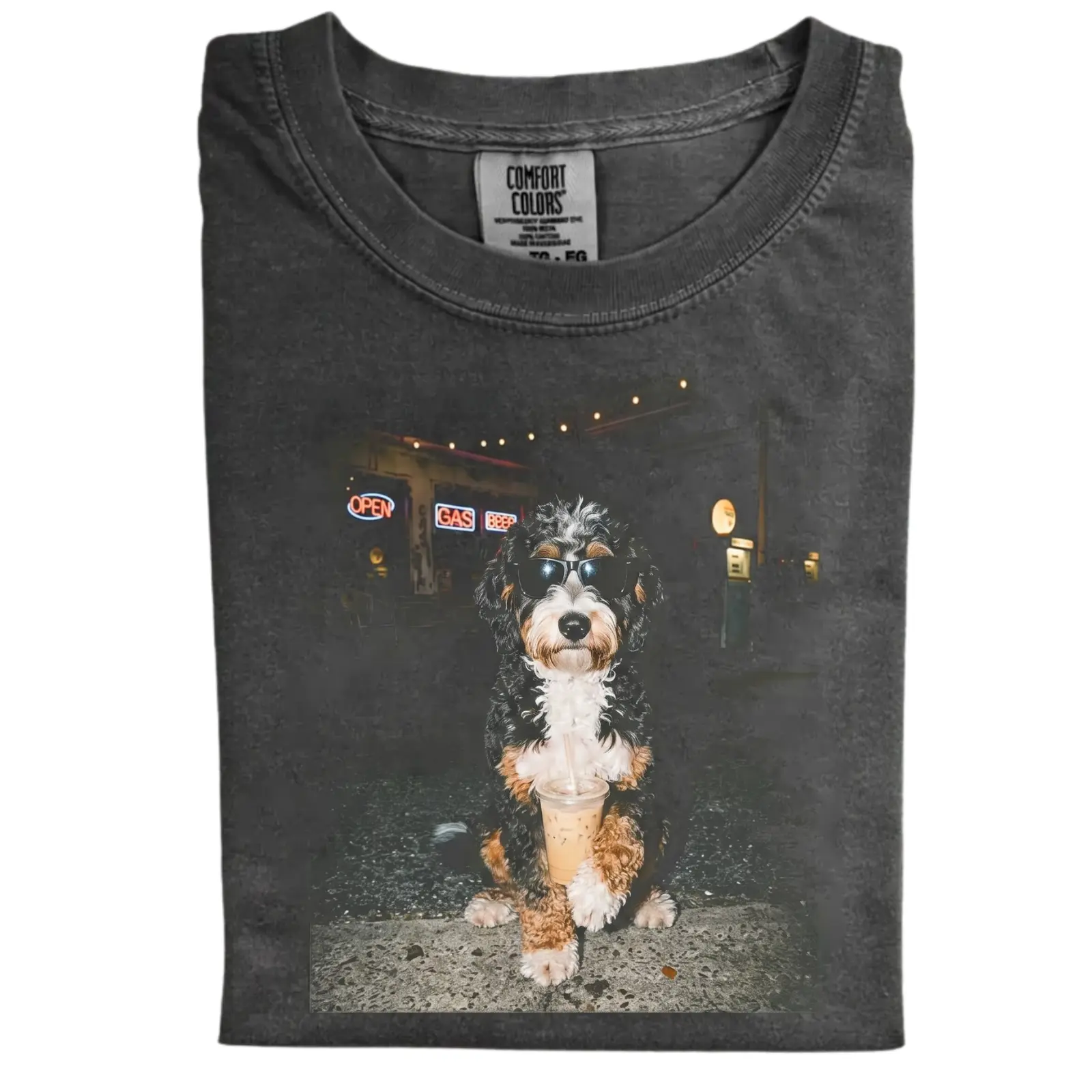 Funny Bernedoodle Coffee T-Shirt, Vintage 90s Retro Dog Graphic Tee, Night Street Coffee Vibes Design, Unisex Fit Design, Gift for Dog Lovers
