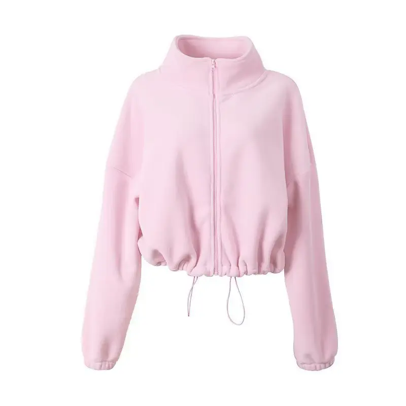 Female Cozy Cropped Polyester Polar Fleece Workout Jacket - Solid Full-Zip Loose Fit Sports Outwear, Yoga Essential Activewear for Yoga, Running