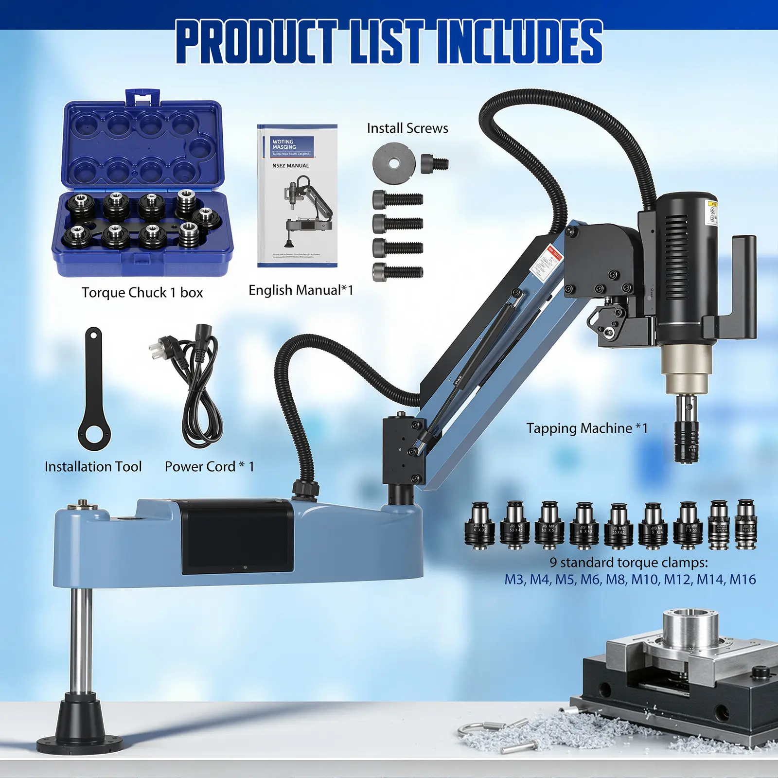 M3-M16 Electric Thread Tapping Machine with 9 Torque Collets, Adjustable Tapping Arm for Blind and Through Holes, Industrial Metal Tapping Tool for Machining, Fabrication & Repair