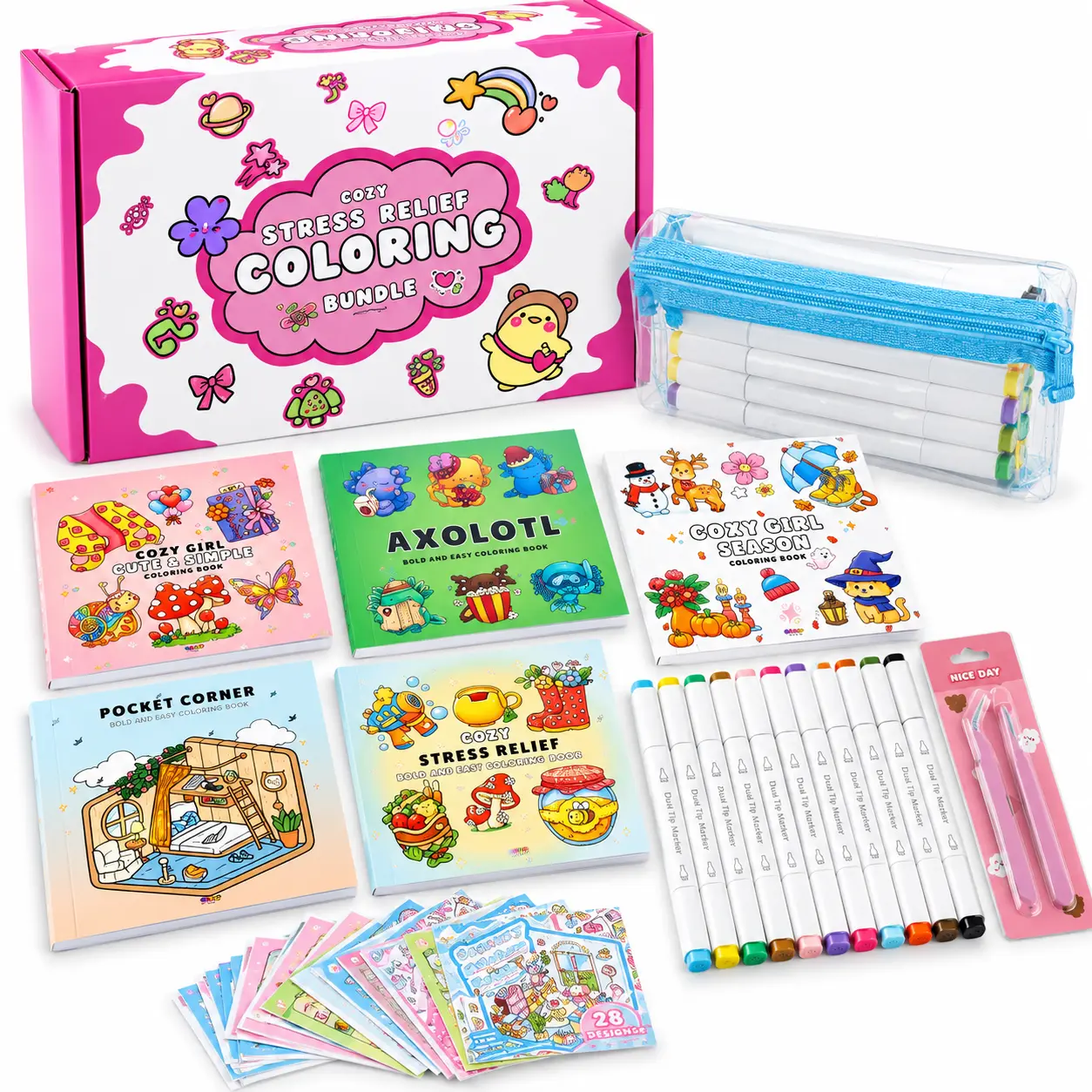 Halloween Fall Gift Cozy Coloring BEST GIFT 5 Mini Coloring Books Bundle with 12 Markers & Stickers for Kids & Adults 3x3 Inches Pocket Size Stress Relief Creative Relaxation