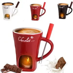 Exquisite Handmade Ceramic Fondue Mug with Candle Warmer Luxury Hot Chocolate Cup for Marshmallows Desserts & Snacks Red Edition
