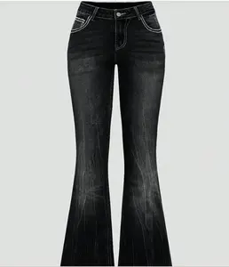 Grunge Punk Y2K Retro Poket Cross Wings Embroidered Flare Leg Fitted Stretch Jeans For Women Embroidery Stretchable