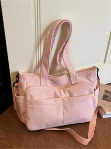 Valentine's Day soft pink corduroy large capacity tote bag, multi-pocket shoulder/crossbody bag, autumn/winter casual commuter bag, suitable for dates, shopping, Valentine's Day gifts, work commutes, everyday accessories, etc.
