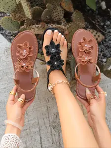 Summer Women's Flat Sandals, Floral Decoration Flip Flops, Comfortible Casual Shoes for Vacation and Commuting, PU Leather Rubber Sole