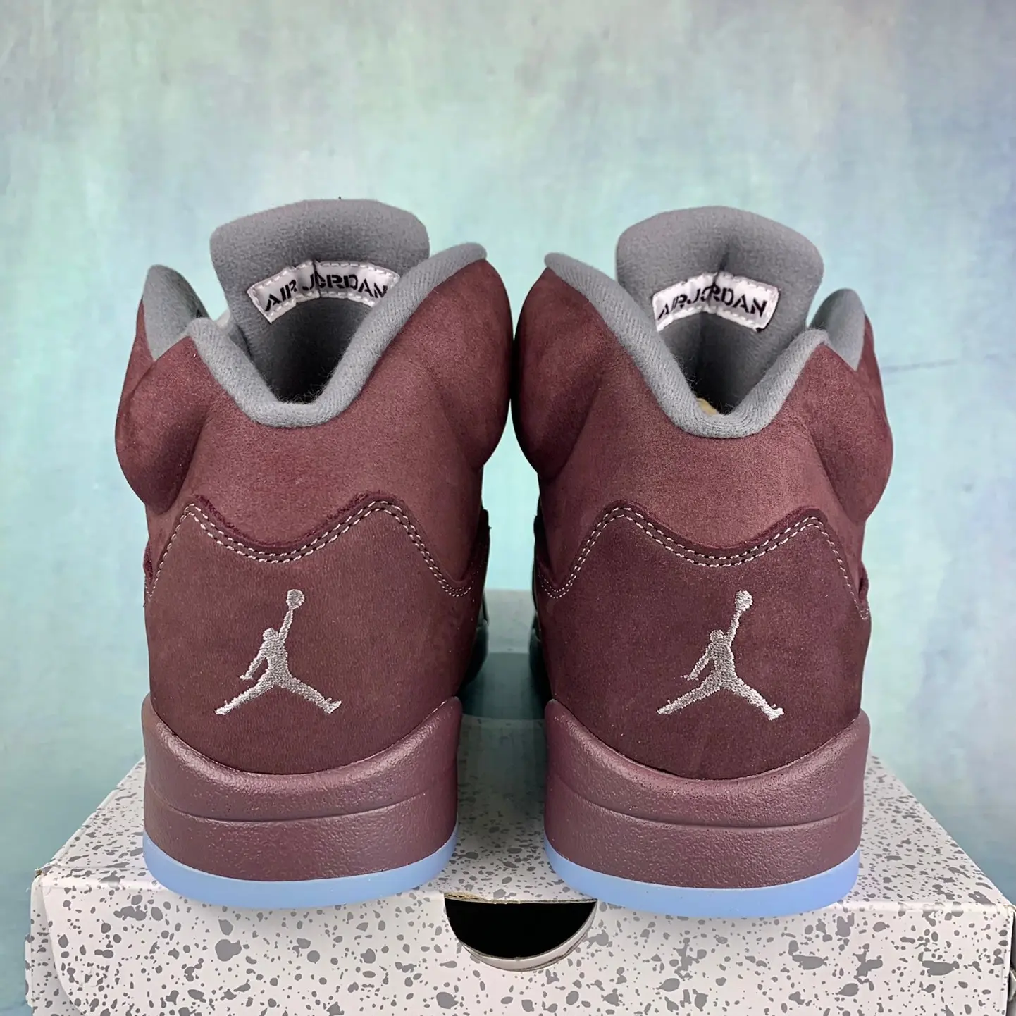 Brand New Sealed Unisex Burgundy Wine Red Suede High Top Retro Basketball Sneakers, Grey Flat Laces Translucent Light Blue Rubber Outsole Breathable Mesh Side Panel Casual Street Sports Shoes With Original Shoe Box