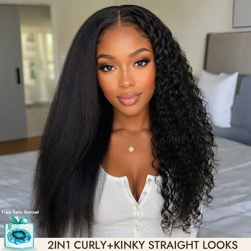 Ashimary Human Hair Front Lace Wig - New Drop 2-In-1 Kinky Straight to Curly Wet & Wavy, 7x5 Pre-Cut Lace Pull Go, Glueless Human Hair Wigs, Easy-Remove, Adjustable, Natural Part Line, Scalp-Breathable Fit