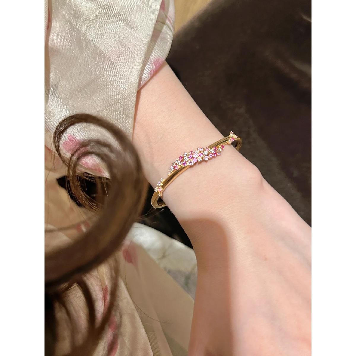 Elegant Pink Cluster Bangle Bracelet for Women, Dainty Sparkly Floral Wrist Cuff, Luxury Inspired Everyday Wear Jewelry, Trendy Bridesmaid Gift, Formal & Casual Outfit Accessory, Timeless Design Stackable Bangle, Perfect Gift for Birthday/Anniversary