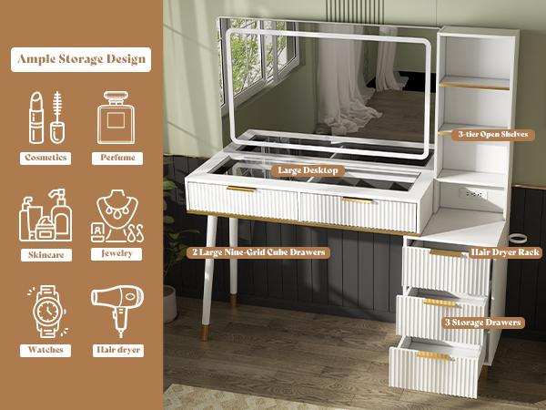 AMERLIFE 54" Tall Makeup Vanity, Vanity Desk Table with 35"W x 24"H Mirror, 5 Drawers, 3 Shelves & Charging Station, Glass Top, Modern Minimal for Home Storage/Interior Bedroom Furniture/Best Gift Ideas/Christmas Gifts