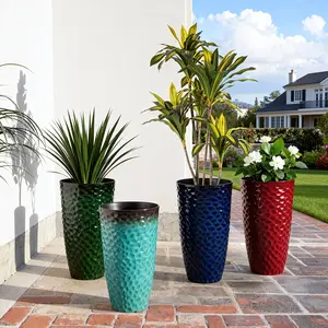 Glitzhome 23.75"H Set of 2 Oversized Eco-Friendly PP and Stone Honeycomb Textured Cobalt Blue Tall Plastic Planter