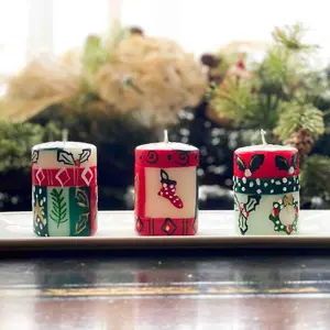 Global Crafts S/3 Artisan Painted Christmas Votive Candles