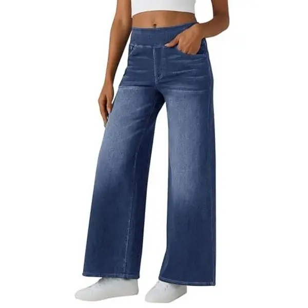 Imily Bela Womens High Waisted Wide Leg Jeans Elastic Waist Pants Casual Flare Trousers