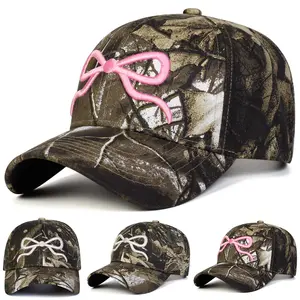 Unisex Bow Embroidered Camouflage Baseball Cap Outdoor Adjustable Sunscreen Leisure Hat Spring Autumn Travel Tourism Beach Vacation