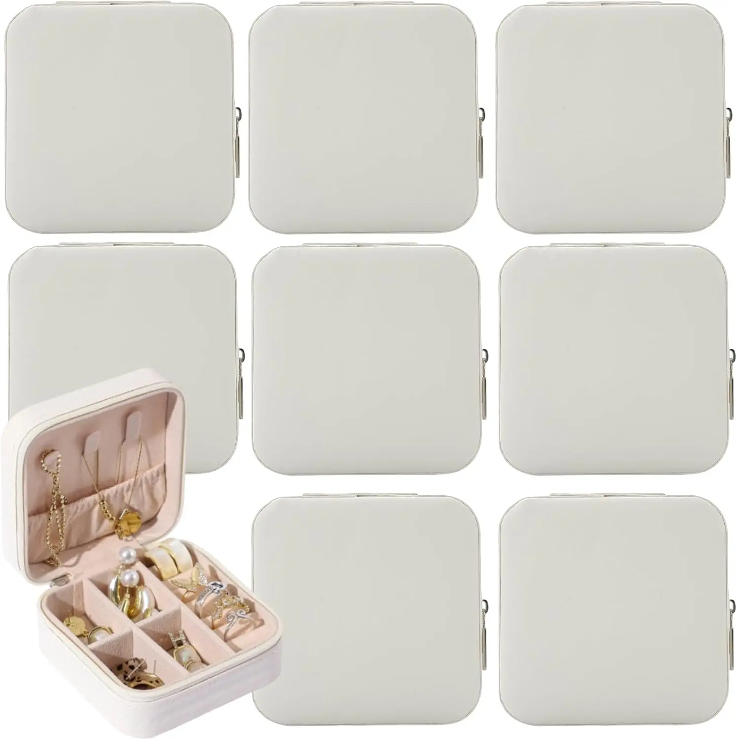 8Pcs Small Lightweight Compartmentalized Synthetic PU Leather Jewelry Travel Storage Boxes - Zipper, Pack-Friendly 10x10x5cm Case for Rings,Earrings,Necklaces - Bridesmaid Gifts, Home Improvement Supplies (White), Bachelorette Party