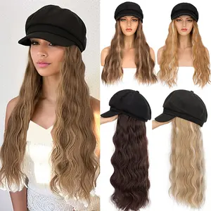 18inch Newsboy Cap With Hair Extensions Baseball Hat Black Hat Wig Beret Cap With Long Curly Wave Synthetic Hairpiece For Woman