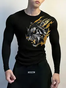 Men's Bold Gold Tiger Print Long Sleeve Fitness T-Shirt, High Stretch Quick Dry Motivational Beast Pattern, Casual Sporty Top, Casual All Seasons Top