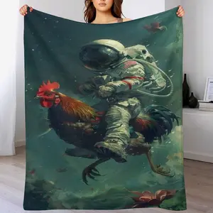 Astronaut Riding a Rooster Throw Blanket, Surreal Space Farm Art, Ultra Soft Flannel, Funny Weirdcore Home Decor