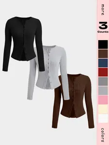 Women's Plain Button Front Ribbed Tee, Casual Long Sleeve Round,Women's Plain Button Front Ribbed Tee, Casual Long Sleeve Round Neck Top,Airport Outfit