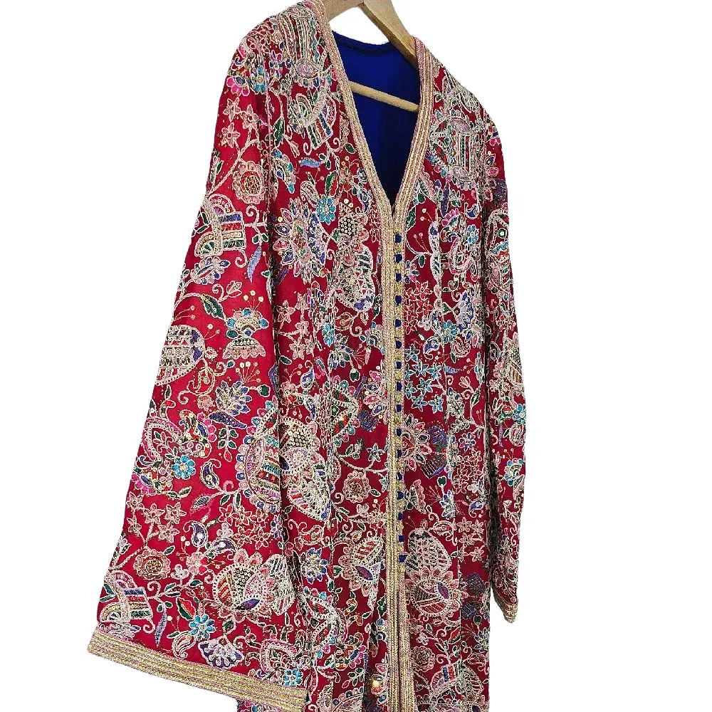Moroccan Caftan - Red with Intricate Paisley Patterns and Gold Trim Edge