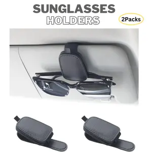 Sunglass Holder for Car, Magnetic Leather Sunglasses Holder and Ticket Card Clip, Car Visor Accessories, 2 Packs (Black)
