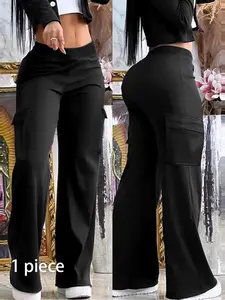 Women's Basic solid color wide-leg cargo pants with elastic waist, pockets, casual fit style, Fitted, comfortable workwear suitable for daily wear, leisure joggers, versatile athletic long pants