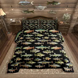 Feelyou Retro Fishing Theme Microfiber Bed Comforter Set - Breathable Duvet Set, Soft Bedding, Decorative Bedding with Pike & Bass Fish Motifs, Hunting-Inspired All-Season Multi-Size Quilt, Decorative Bedding Set