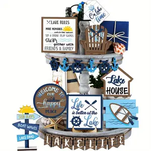 Lake House Themed Wooden Decoration Kit, 24pcs/set Summer Lake House Decoration Kit, Beach Theme Decoration Supplies for Desktop & Bookshelf Display, Signs