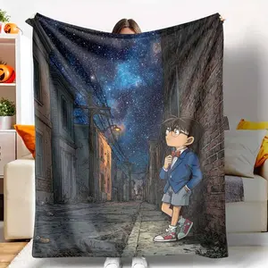 Detective Anime Style Flannel Blanket Starry Night City Alley Print Ultra Soft Lightweight Plush Throw Breathable Warm Bedding for Living Room Couch Bedroom Nap Travel Camping Gift