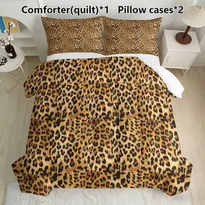 Classic Leopard Print Comforter Set, Coordinated Bedding Set, 1 Quilt & 2 Pillowcases, Luxury Animal Print Bedroom Decor Bedding, Soft Warm Durable Fabric