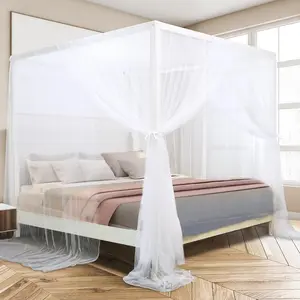 White Canopy Bed Curtains, 4 Corner Post Bed Canopy for Girls & Adults, Top Luxurious Bed Drapes for Bedroom Decoration, 4 Openings, 100% Ripstop Polyester, Easy Install, King Size