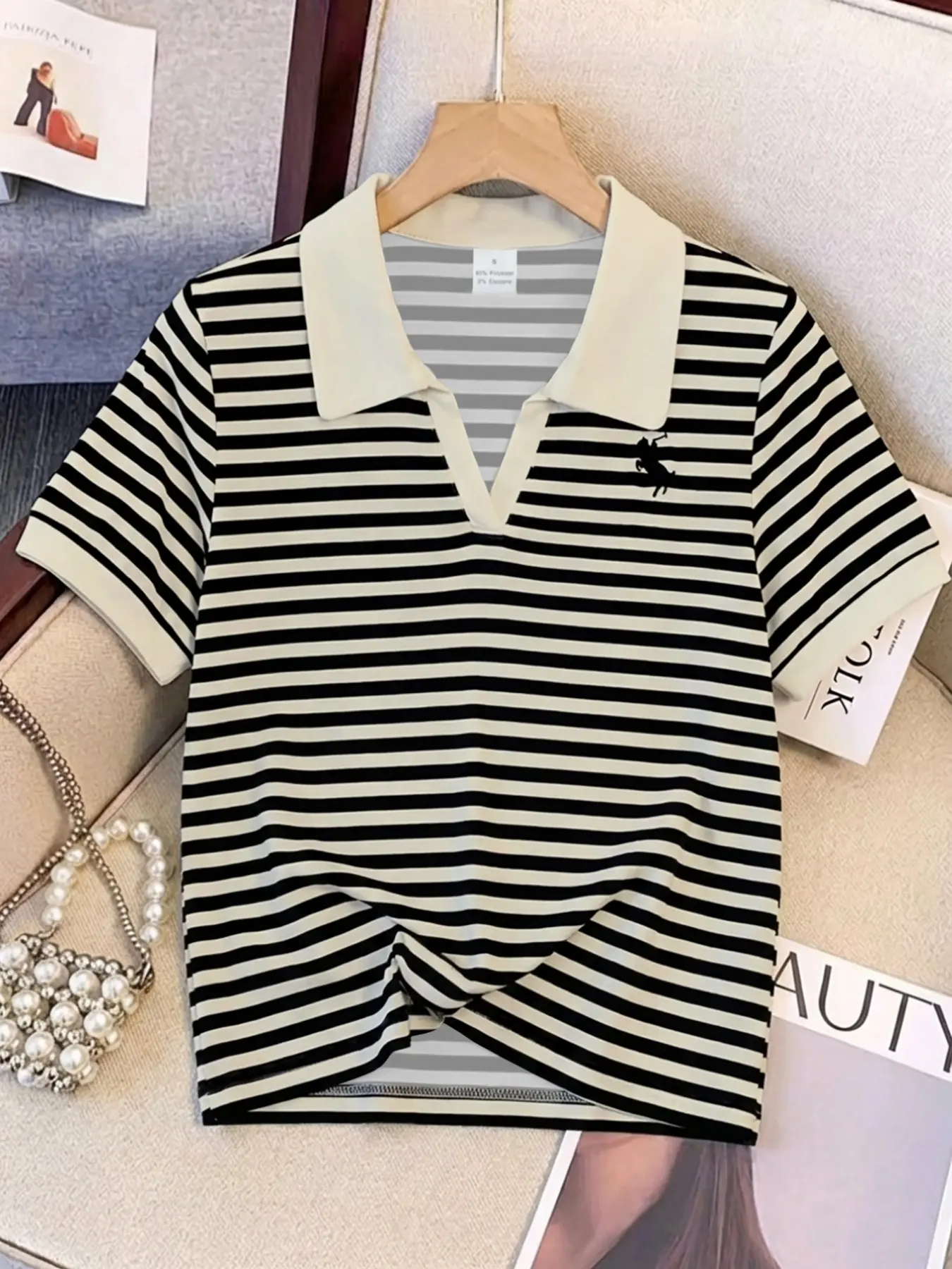 Women's Striped Print Polo Fitted Short Sleeve T-Shirt, Womenswear, Preppy Fashion Style, Soft Breathable, Daily, Casual and Commute Wear, Knitted Polo Shirt