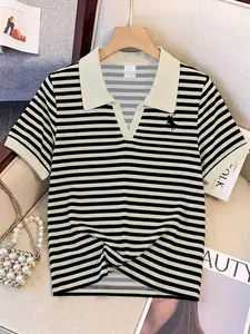 Women's Striped Polo Fitted Short Sleeve T-Shirt, Womenswear, Preppy Fashion Style, Soft Breathable, Daily, Casual and Commute Wear