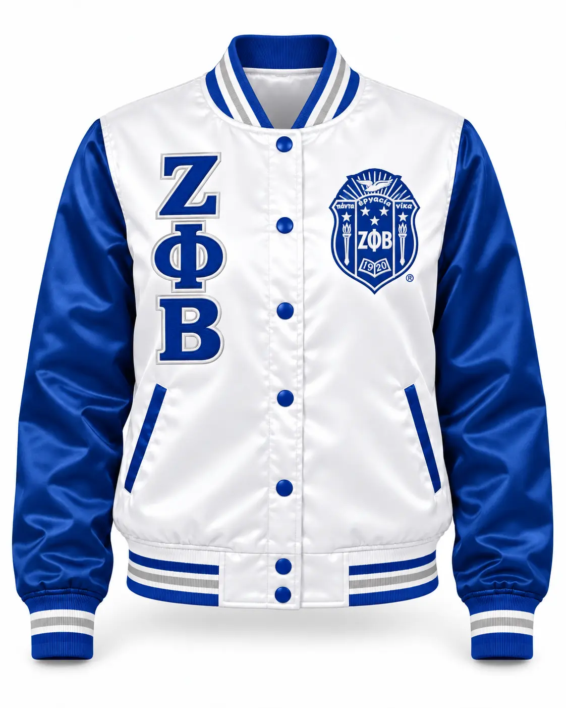 Women's Zeta Phi Beta White & Royal Blue Striped Varsity Satin Bomber Coat - Custom Embroidery, Pockets, Personalized Design