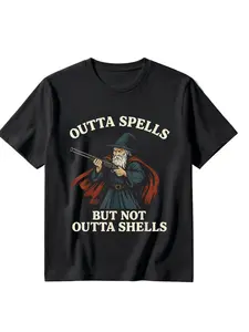 Wizard Shotgun Sarcastic Fantasy Tee, Humorous Print Long Sleeve Top, Loose Fit Casual Clothing for Game Enthusiasts & Retro Style Lovers