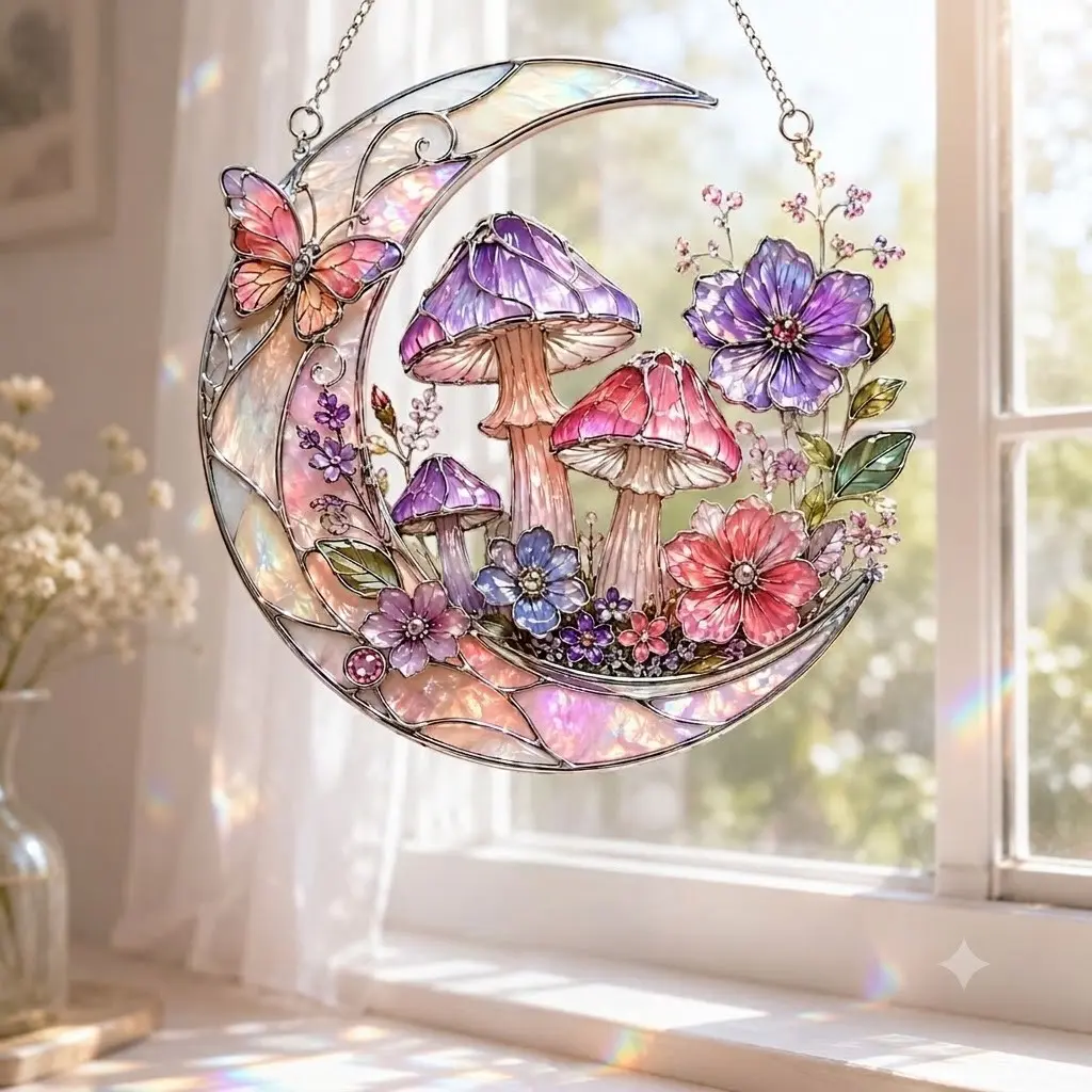 Whimsical Mushroom Moon Suncatcher Stained Glass Hanging Decor Iridescent Acrylic Prism Art Magical Fairycore Gift for Boho Windows Cottagecore Home Aesthetic Rainbow Maker Celestial Window Art