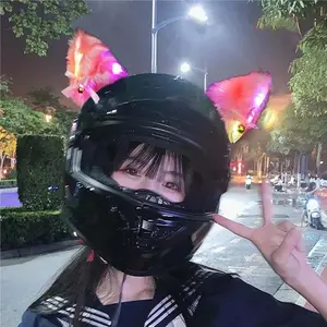 New 2Pcs Motorcycle Plush Motocross Helmet Decoration with Colorful LED Light Helmet Cat Ears Full Face Off Road Helmet Decor